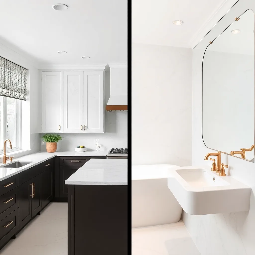 AI kitchen remodel and bathroom makeover showing modern renovation with marble countertops