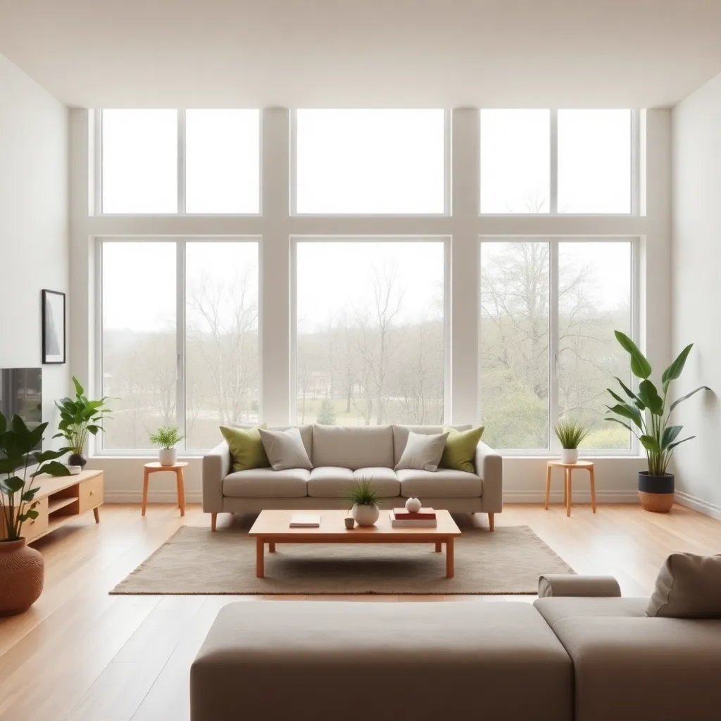 AI living room design with japandi style featuring light wood furniture and natural elements