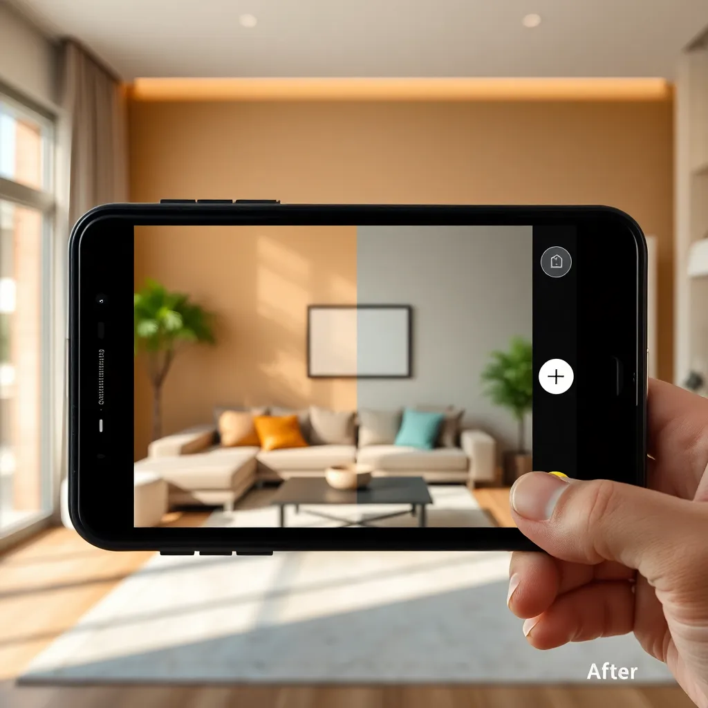 AI room design from a single photo showing before and after transformation on smartphone
